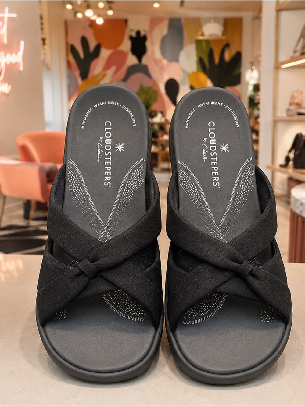 NEW! Cloudsteppers by Clarks Women's Black Crisscross Slide Flip Flops